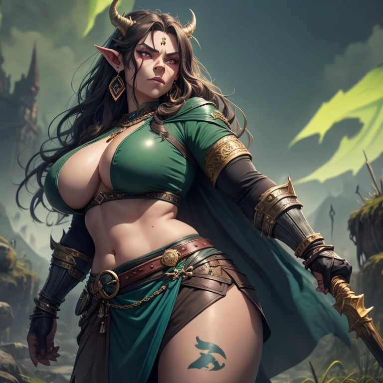 Tall orc girl. Half orc, half human, gold chain mail shirt, short cute leather skirt, long black cloak, greenish blue skin, long wavy brown hair, super cute, big boobs, scars, earrings, tusks coming out of mouth, no makeup, warrior, right eye  green, left eye  red, super cute, a little chubby, thick, attractive, adorable, hot