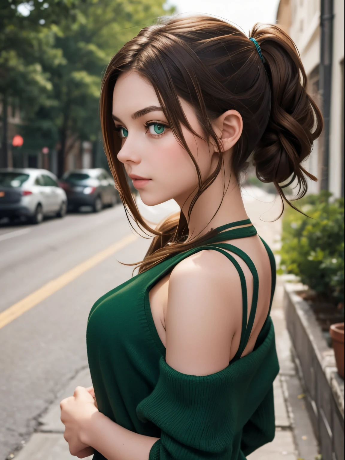 A girl in her early twenties with green eyes and brown hair that reaches her shoulder blades