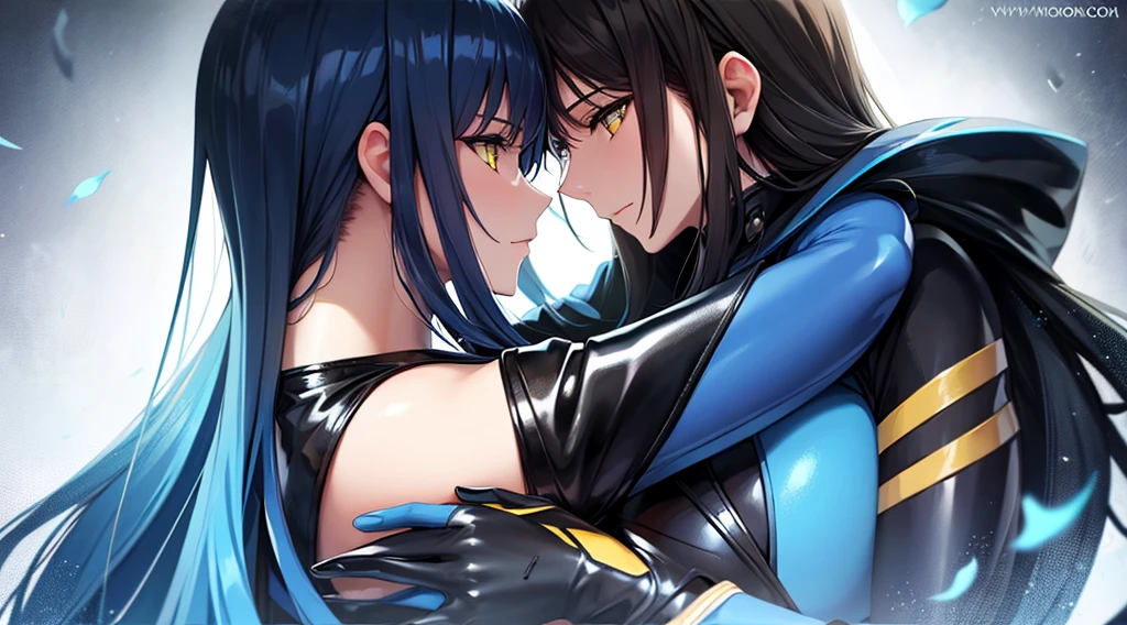 Beautiful women in long blue and black leather suits with yellow eyes hug each other