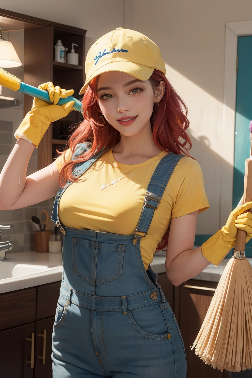 cartoon photo from the waist up, woman, red hair, honey-colored eyes, smiling friendly and helpfully, slightly pink mouth lipstick, white teeth, wearing light yellow overalls and cap, dark blue t-shirt, yellow cleaning gloves, holding a yellow cleaning sponge and a broom with a dark blue handle. The image gives a sensation of movement of the left hand that holds the sponge making a circle around the image which appears as a splash of water and soap around the image.