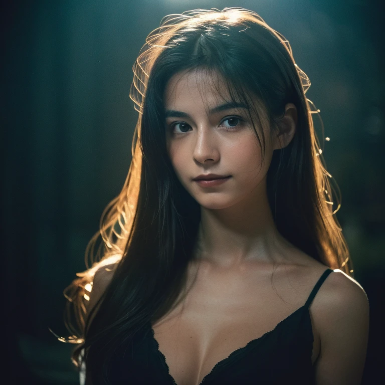 (Raw photo, Best Quality), ((nostalgia,Cile in the 1980s)),(Girl in a literary atmosphere:1.2),(Realistic, Photorealsitic:1.3), Extremely delicate and beautiful, amazing, finely detail, (Huge boobs:1.3), masutepiece, Ultra-detailed, hight resolution,Best Illustration, Best Shadow,Convoluted,depth of fields,(closeup portrait of a young beautiful woman:1.2),Long hair,hair messy,((((lowkey,Dark Scene,The dim)))),(((Soft lighting:1.4))),(pale skin:1.4),(Shy smile),(Cinematic Angle),Sharp Focus, Volumetric fog, 8K UHD, Digital SLR, High quality,( Film grain:1.4), FUJI XT3,(Looking at Viewer), pale skin