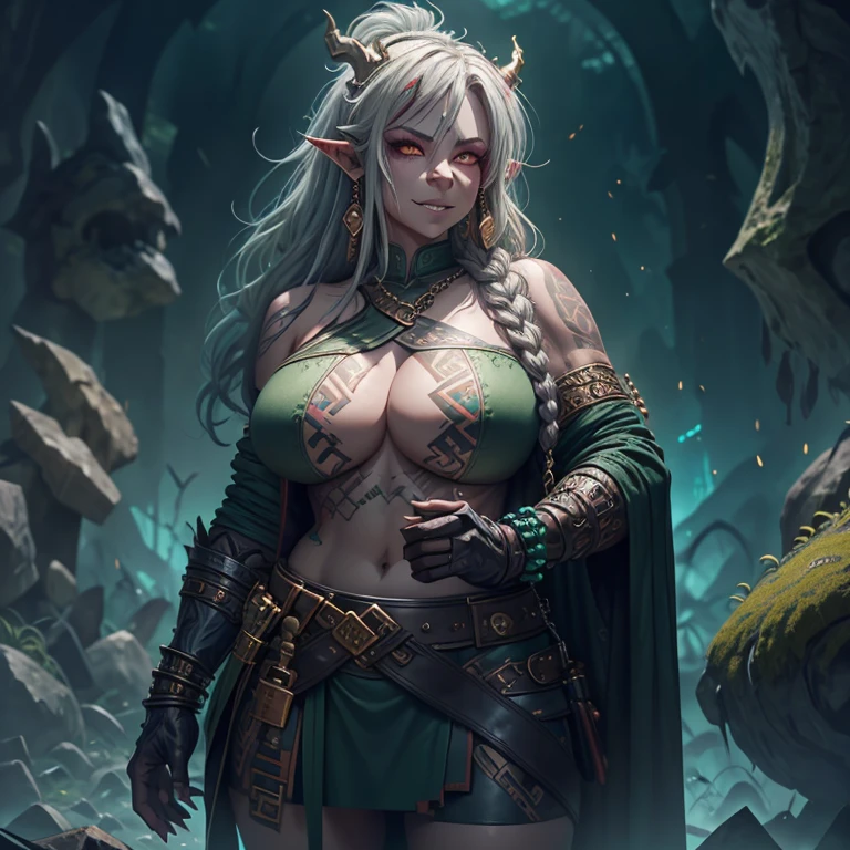 Tall orc girl. Half orc, half human, gold chain mail shirt, short cute leather skirt, long black cloak, greenish blue skin, long wavy brown hair, super cute, big boobs, scars, earrings, tusks coming out of mouth, no makeup, warrior, right eye green, left eye red, super cute, a little chubby, thick, attractive, adorable, hot, HALF ORC