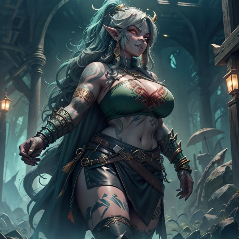 Tall orc girl. Half orc, half human, gold chain mail shirt, short cute leather skirt, long black cloak, greenish blue skin, long wavy brown hair, super cute, big boobs, scars, earrings, tusks coming out of mouth, no makeup, warrior, right eye  green, left eye  red, super cute, a little chubby, thick, attractive, adorable, hot, HALF ORC