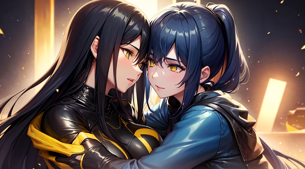 Beautiful women in long blue and black leather suits with yellow eyes hug each other