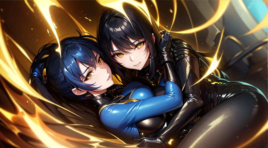 Beautiful women in long blue and black leather suits with yellow eyes hug each other while drooling.
