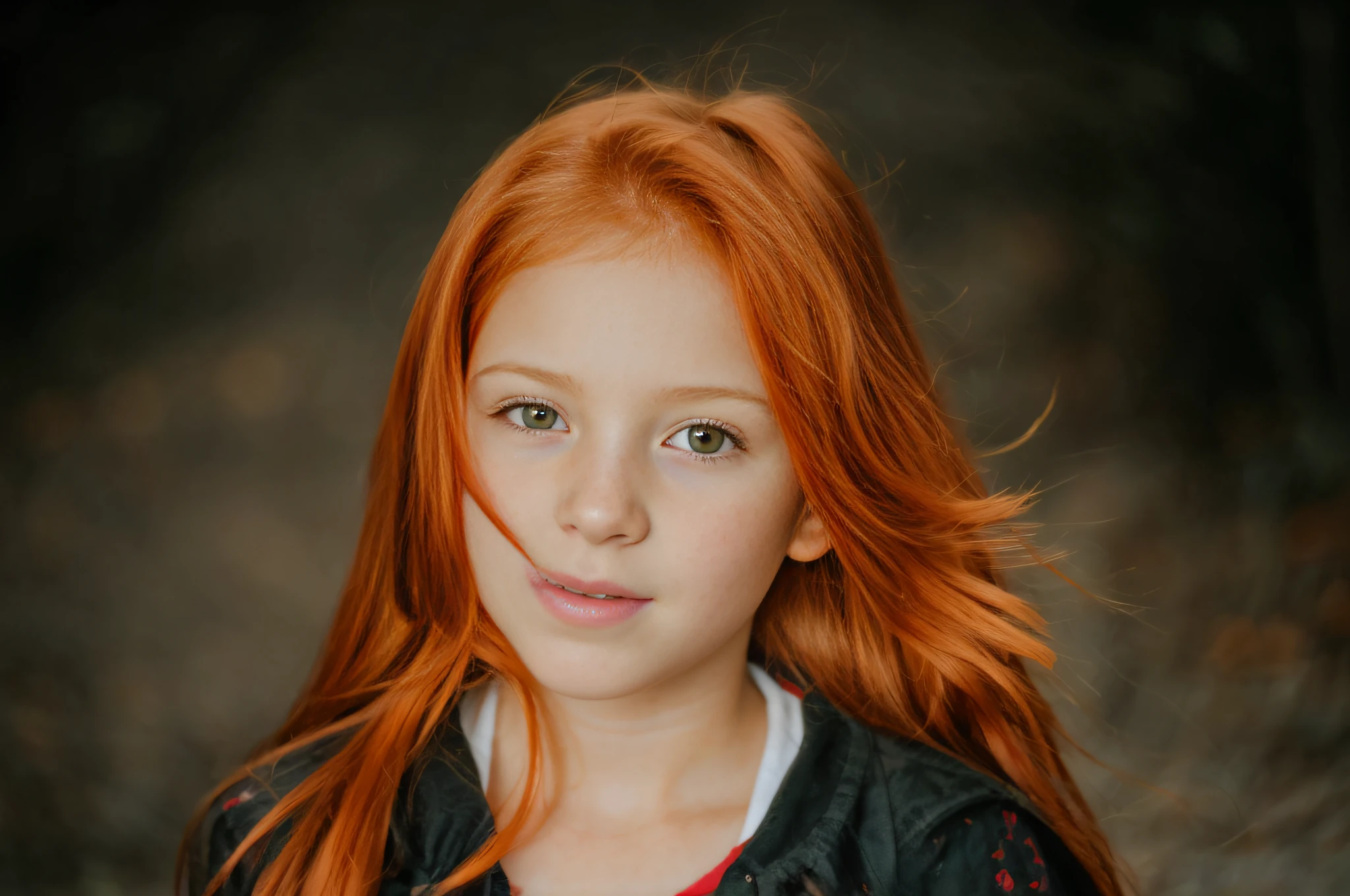 there is a child with red hair and a black jacket, Retrato de uma menina de cabelos vermelhos, menina de cabelos vermelhos, menina do cabelo vermelho, Cabelo de gengibre com sardas, Redhead Girl, menina ruiva jovem bonito, flowing ginger hair, cabelos ruivos e sardas, red head, red hair and attractive features, cabelo longo de gengibre ventoso, cabelo de gengibre, Rapariga