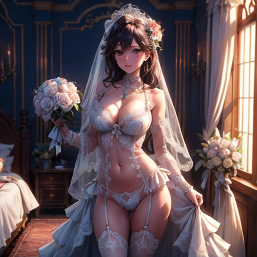 (best quality,highreedroom,  large chest, large breasts, bodacious, wedding night, sexy lingerie, standing pose, flowers in hand, shy face