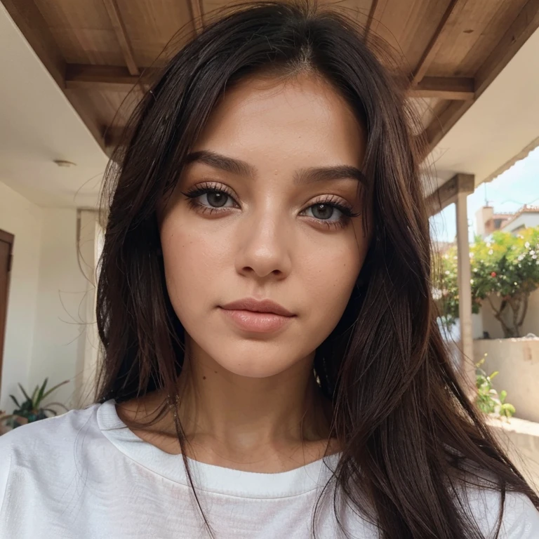 Una mujer blanquita con piel hiper detallada muy hermosa ojos muy detalladados vista de frente color de cabello negro tintado al azar.con la mejor calidad 8k