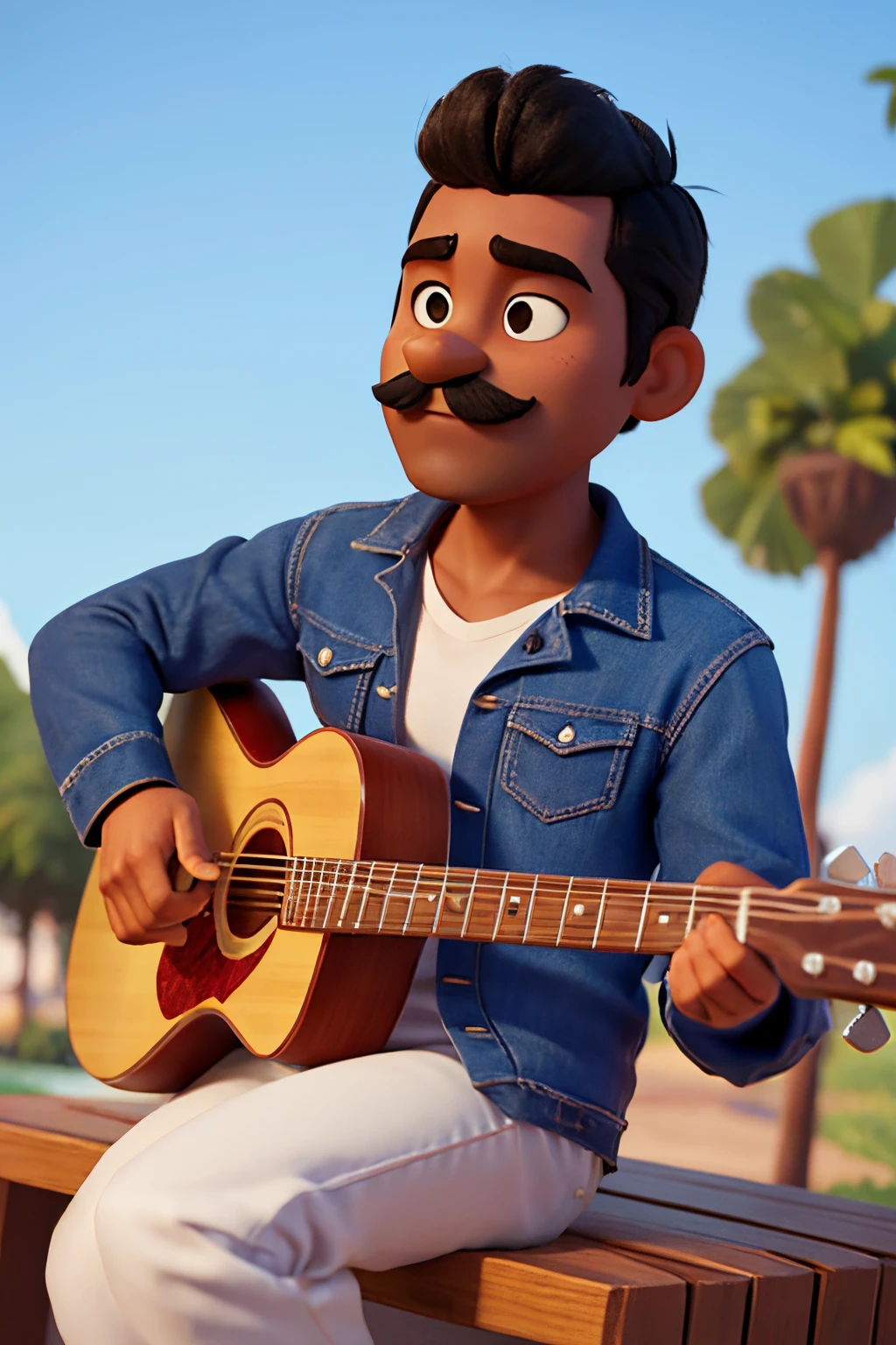 homem estilo disney pixar, alta qualidade, negro de bigode cabelo curto loiro, playing the guitar, camisea branca, short preto