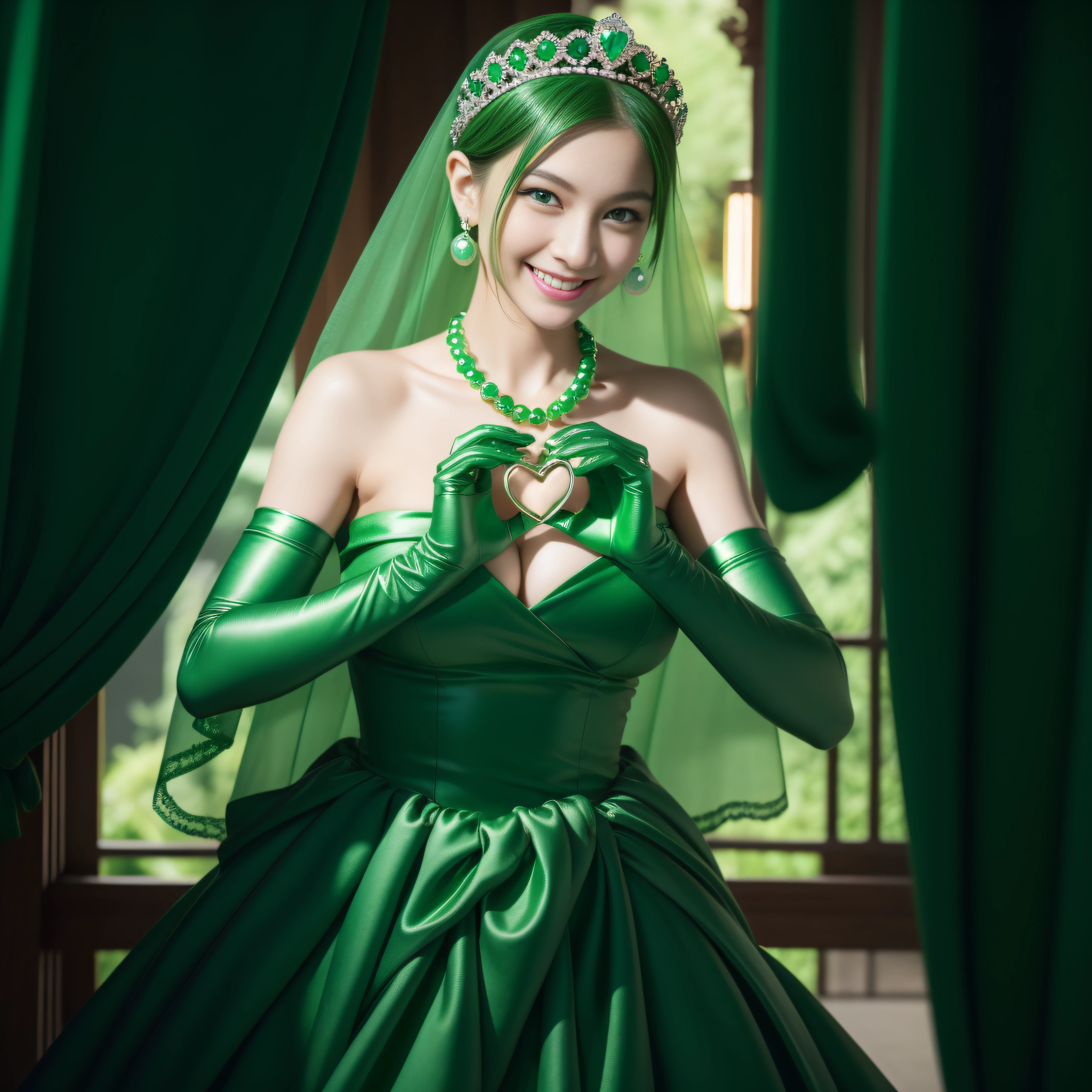 emerald tiara, Green Pearl Necklace, Boyish very short green hair, lipsticks, Japan woman smiling, very short short hair,  big breasts beautiful, Green eyes, Long green gloves made of satin material, Green eyes, Emerald Earrings, green vale, Heart with both hands