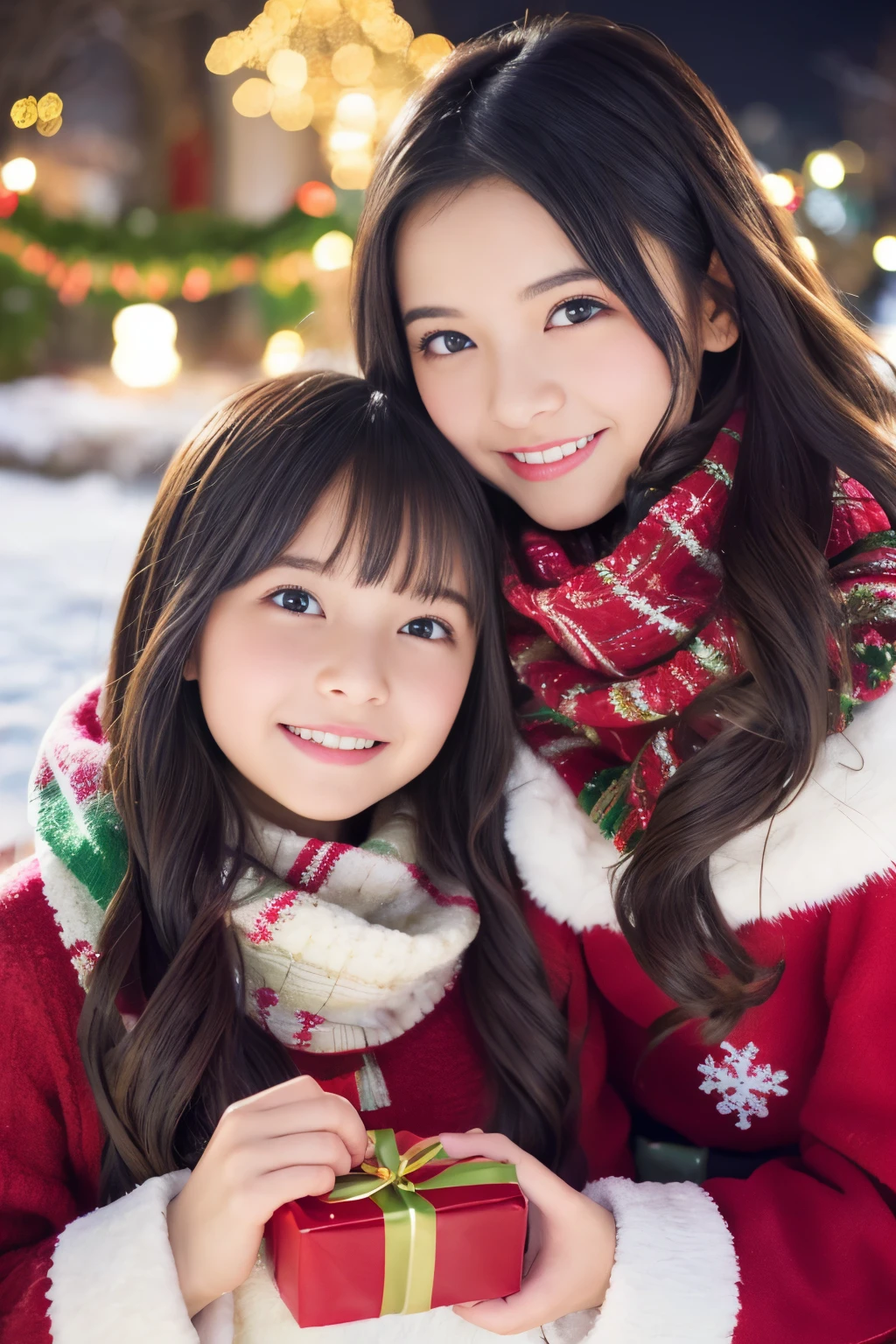 (Best Quality,Photorealistic,hight resolution),2girls,Beautiful detailed eyes,Beautiful detailed lips,Smiling,Laughing,Cute,Christmas Eve,Happy,having fun,Winters,Joyful,excited,Twinkling lights,Decorated Christmas Tree,clew,cosy atmosphere,Warm fireplace,magical moments,sparkling stars,Glowing candles,snowflakes falling,ground covered with soft snow,colorful holiday decorations,red and green colors,Elegant dresses,Fluffy scarves,Happy memories,cherish sisterhood,love and laughter、-yeld sirs、a baby face、Looking a camera、Present Box、