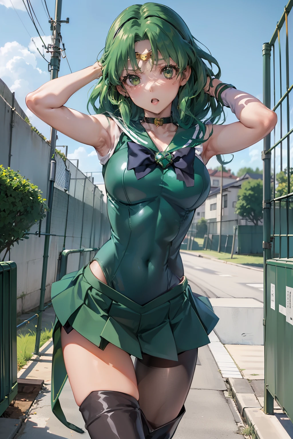 A close up of a woman in a green dress and boots - SeaArt AI