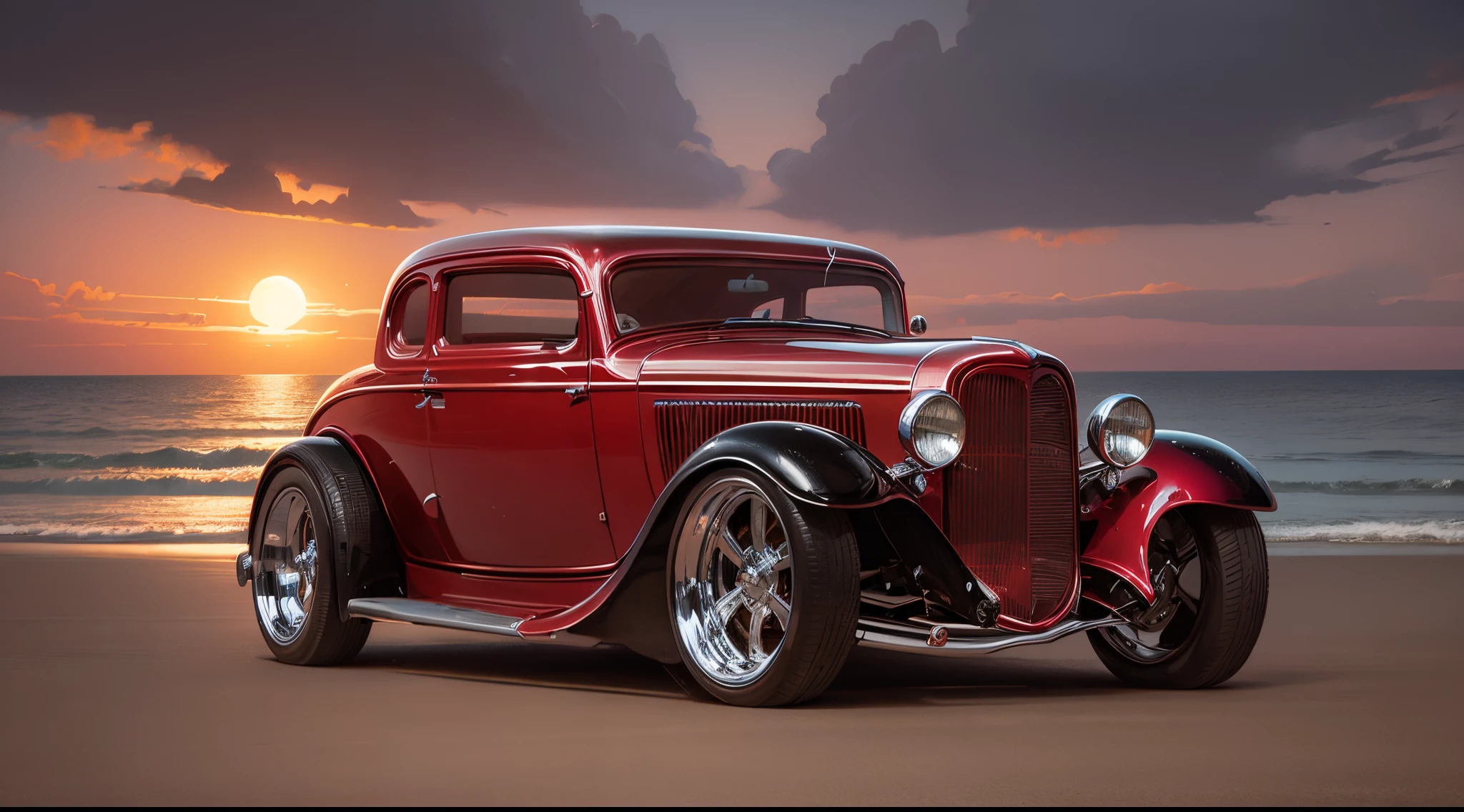 A red vintage 1932 Ford car with its headlights on and turned on at the beach, boats and yachts at sunset by Syd Mead