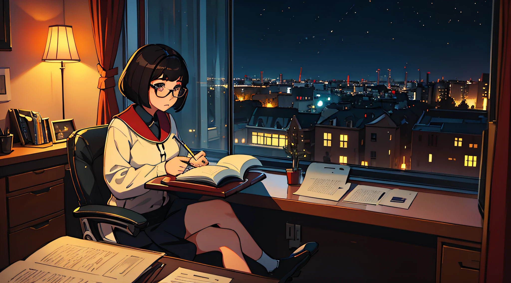 masterpiece, best quality, beautiful girl with large glasses, Kuvshinov Ilya, cozy outift, full body shot, sitting at home desk studying, city outside window, dark outside