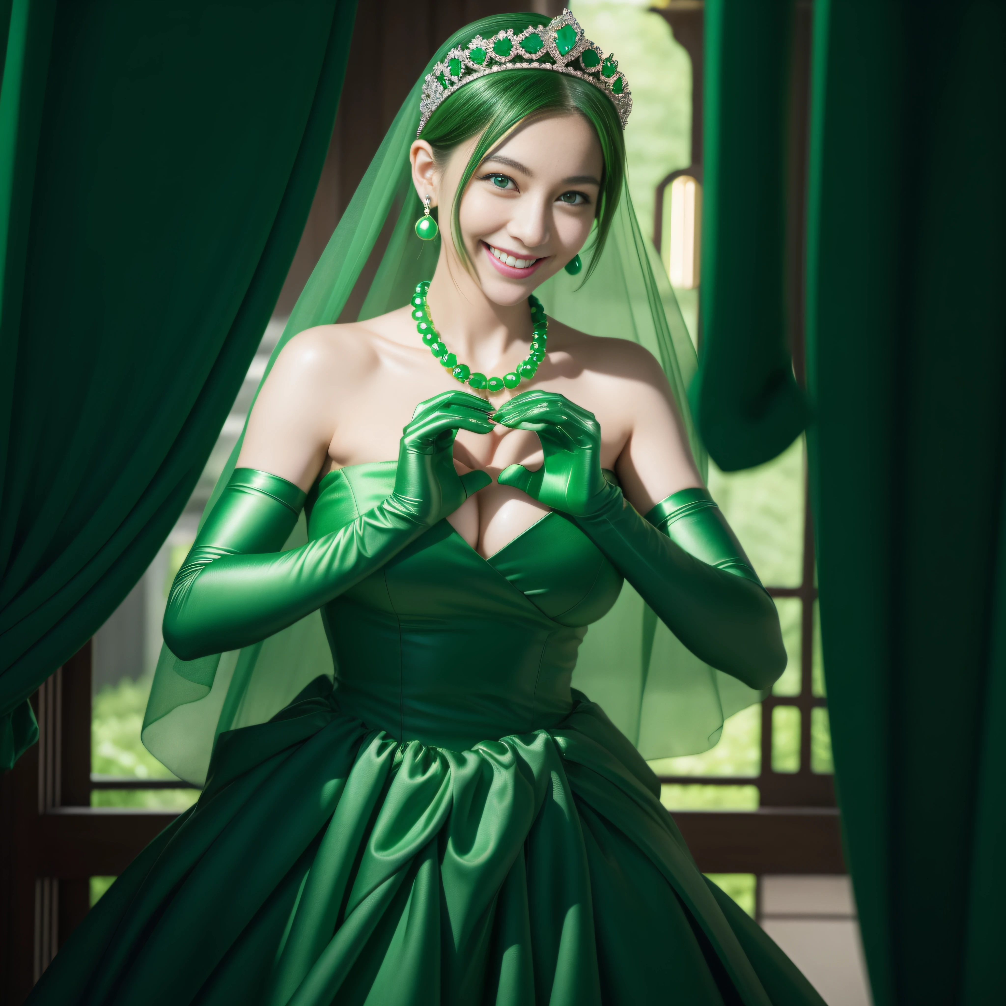 emerald tiara, Green Pearl Necklace, Boyish very short green hair, lipsticks, Japan woman smiling, very short short hair, big breasts beautiful, Green eyes, Long green gloves made of satin material, Green eyes, Emerald Earrings, green vale, Heart with both hands