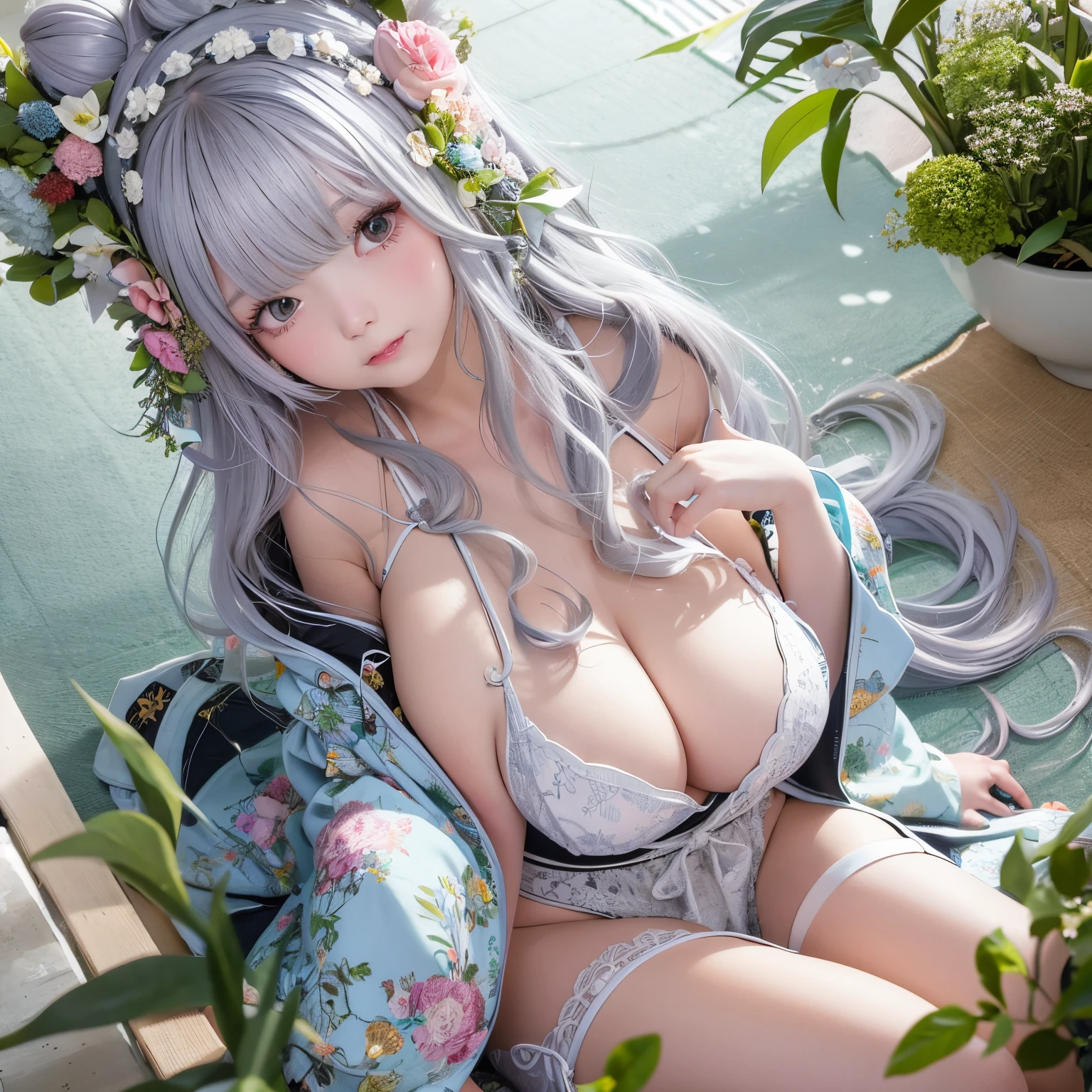 The upper part of the body、one girls、i have silver hair color、Two-tone、Bun hair、Curly hair,floral headband、very Bigger breasts、kimono、bathrobe、off shoulders、Angle looking down from above,