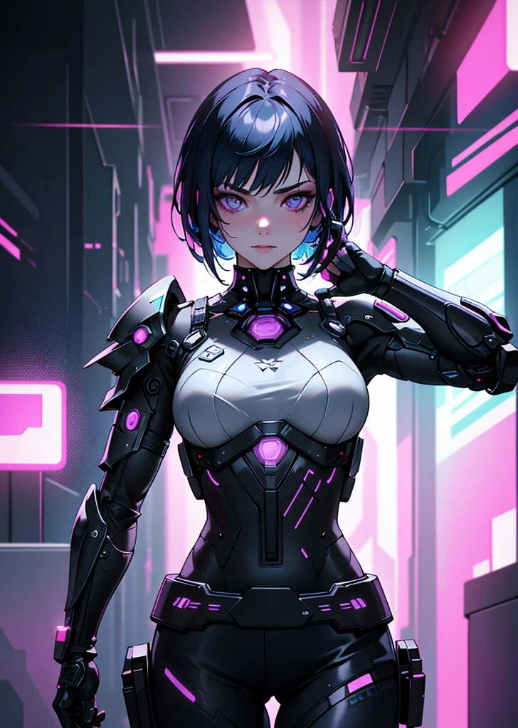 "Please create a UV Texture with the following characteristics: Representation of an entire glass, from the front, with a beautiful cyberpunk princess dressed in armor and short hair. The image must be hyper-realistic, with an extremely detailed face. The resolution texture should be 16k."