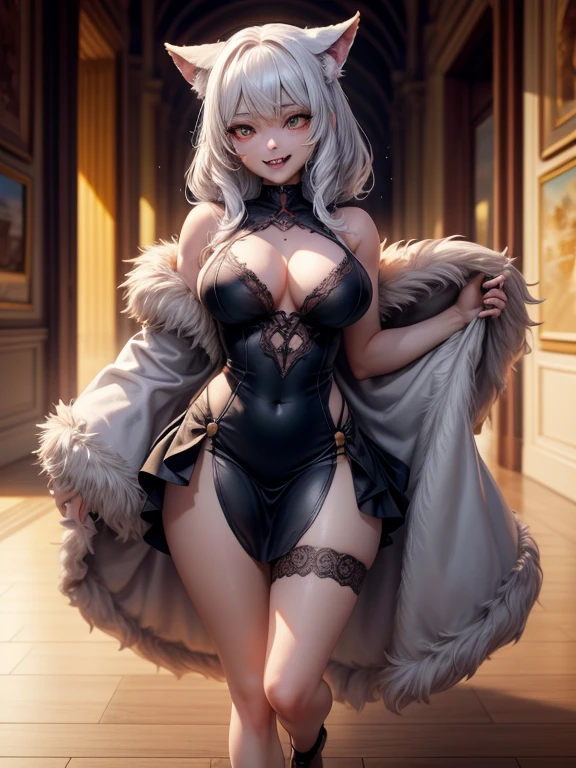 werewolf girl, fluffy fur on body, ((fangs)), extremely_detailed_(lacy, fur, silk, satin)_(dress, clothing, skirt), detailed face, detailed beautiful shiny eyes, slit pupils, metallic reflections, (tatooed, marked)_fit_muscular_body, (((1girl))), portrait, (full body), natural breasts, medium length hair, masterpiece, best quality, beautiful and aesthetic:1.2, fractal art:1.4, 16K, HDR, RTX, Ray Tracing, Radiosity, Anisotropic Filtering, Subsurface Scattering, (LoRA:Russian Doll Likeness: 0.75) Russian Doll Likeness, (LoRA:Fake Breasts_2*: 1.115), (full_body:1.2), breasts exposed, looking at the viewer, () , ()