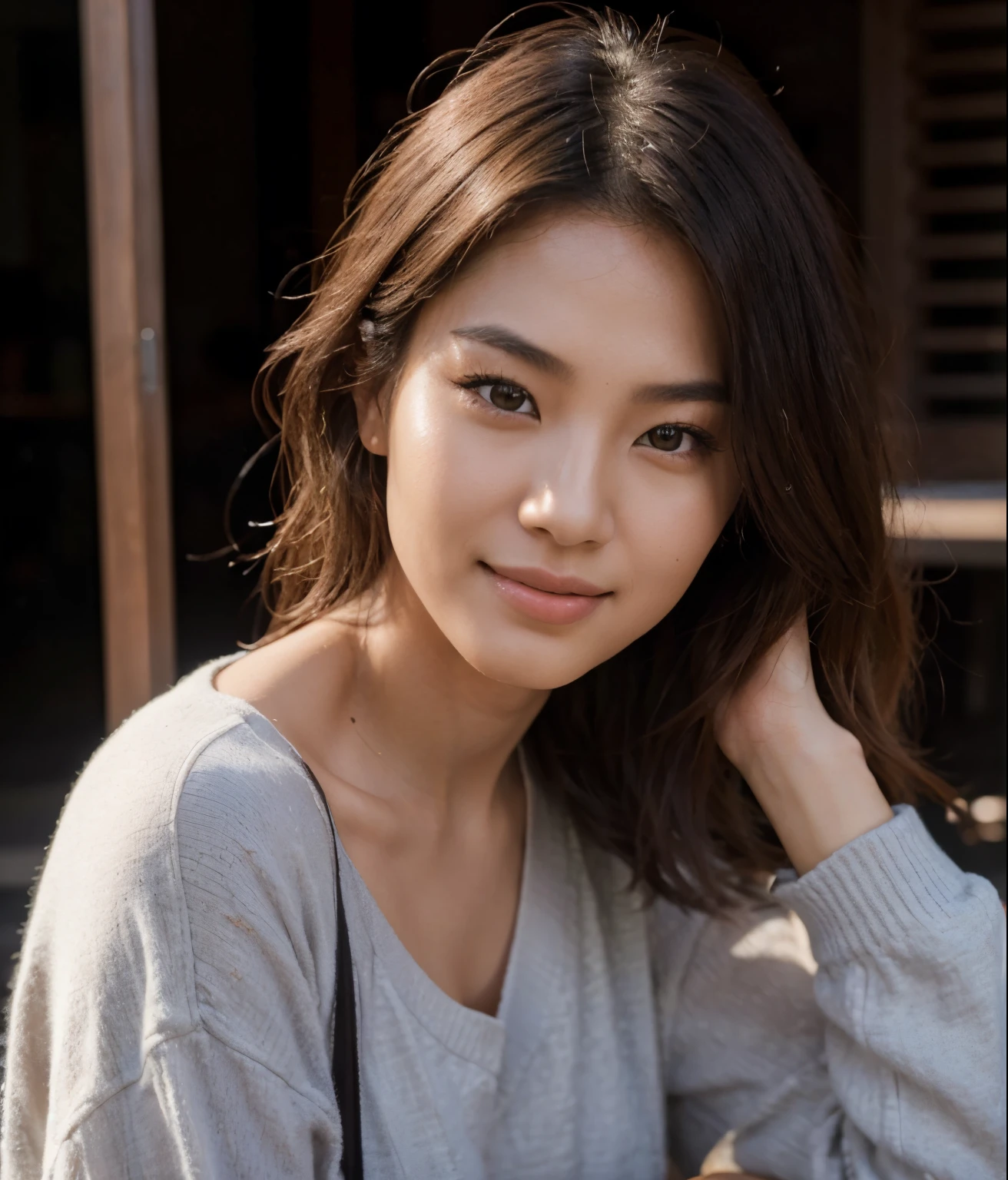 a beautiful portrait of an attractive Asian female model, 2020's style fashion photography, high resolution image, female model with 2020's style, female model with natural makeup look, female model with a casual outfit, female model in a relaxed pose, female model with a warm smile, female model in a natural setting, female model surrounded by warm lighting