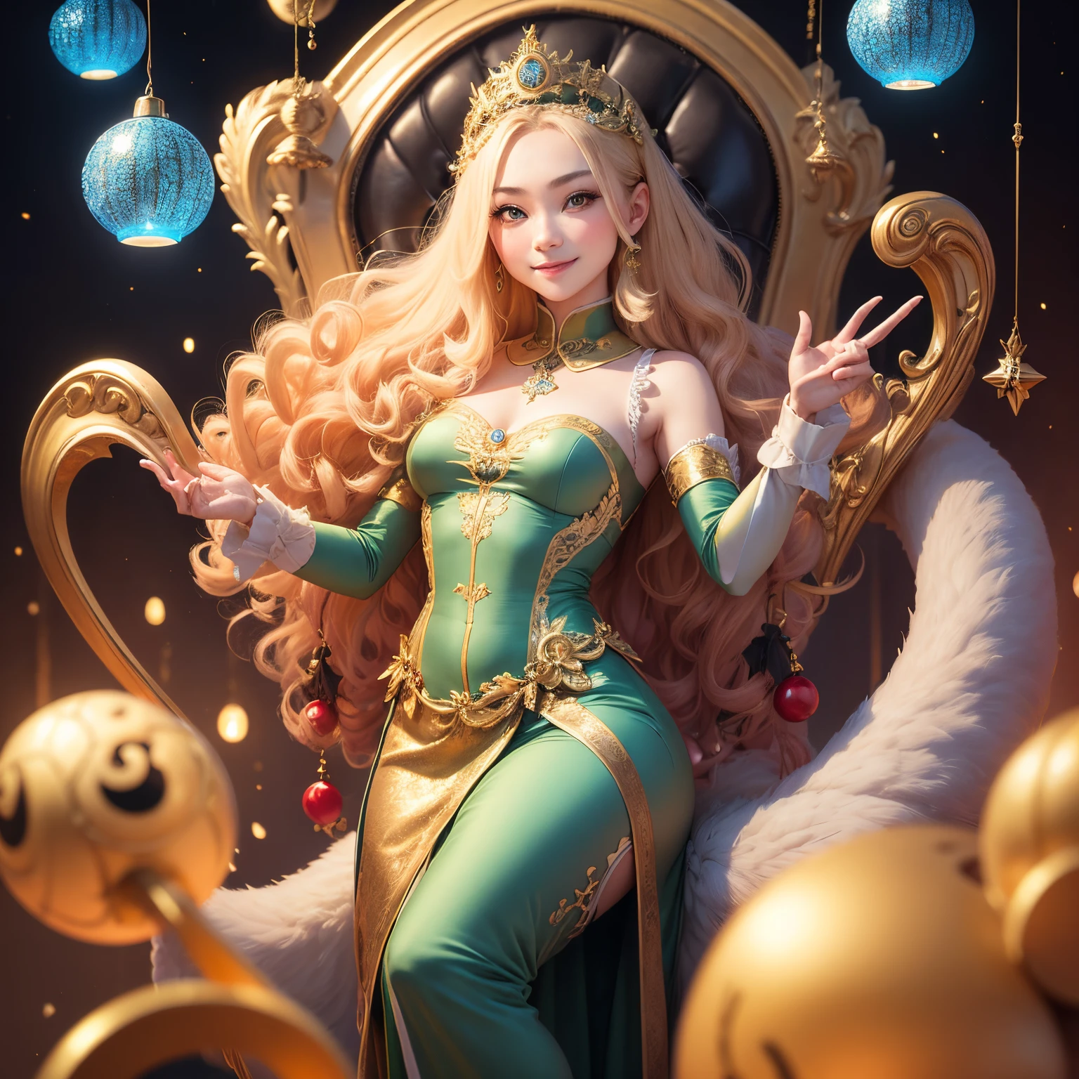 ​masterpiece、top-quality、ultra-detailliert、(Chibi Chara:1.2)、Blonde longhair、victorian rococo dress、a smile、Full-body standing figure、Giant Christmas tree with gorgeous drop lights、