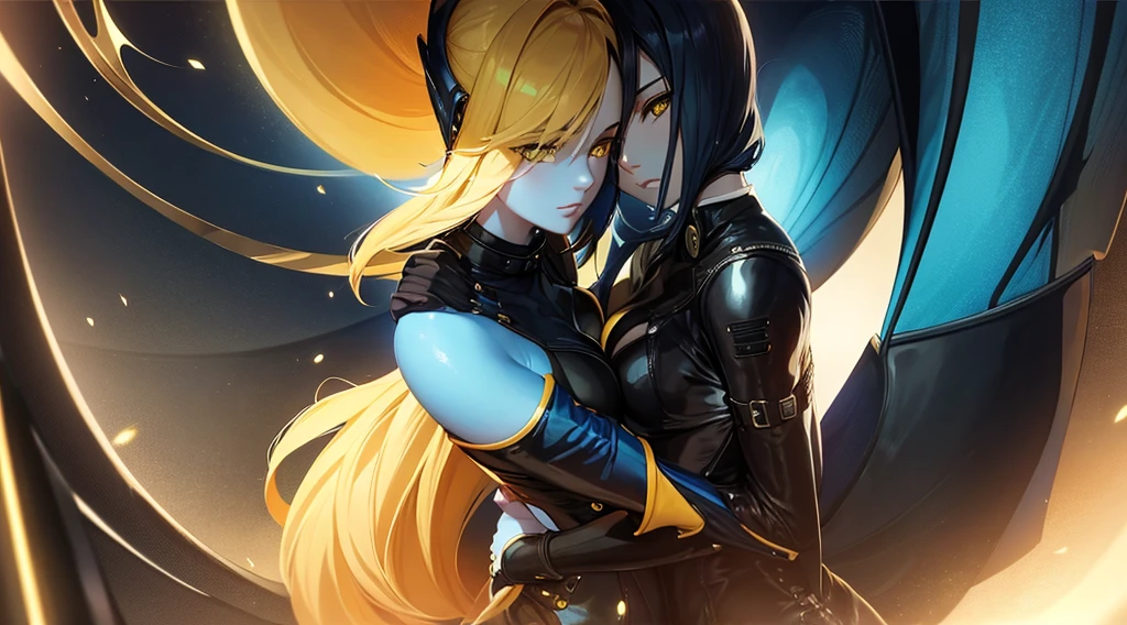Beautiful women in long blue and black leather suits with yellow eyes hug each other