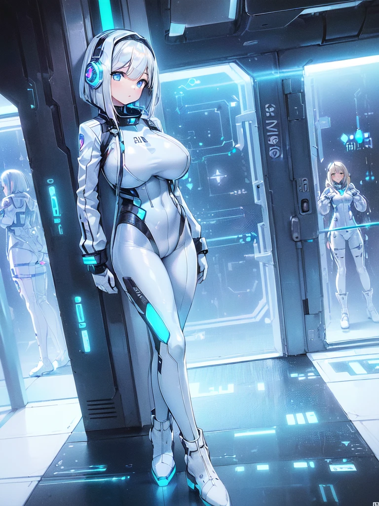 ​masterpiece:1.4, 1girl in ((20yr old, Wearing a futuristic white and silver costume, Tight Fit Bodysuit, long boots, Very gigantic-breasts, Multicolored blonde hair, a short bob, Perfect model body, Blue eyes:1.2, Wearing headphones, Looking out the window of the futuristic sci-fi space station、While admiring the beautiful galaxy:1.2, SFSF control room on night background:1.1, Neon and energetic atmosphere:1.2)) ((Galaxy))
