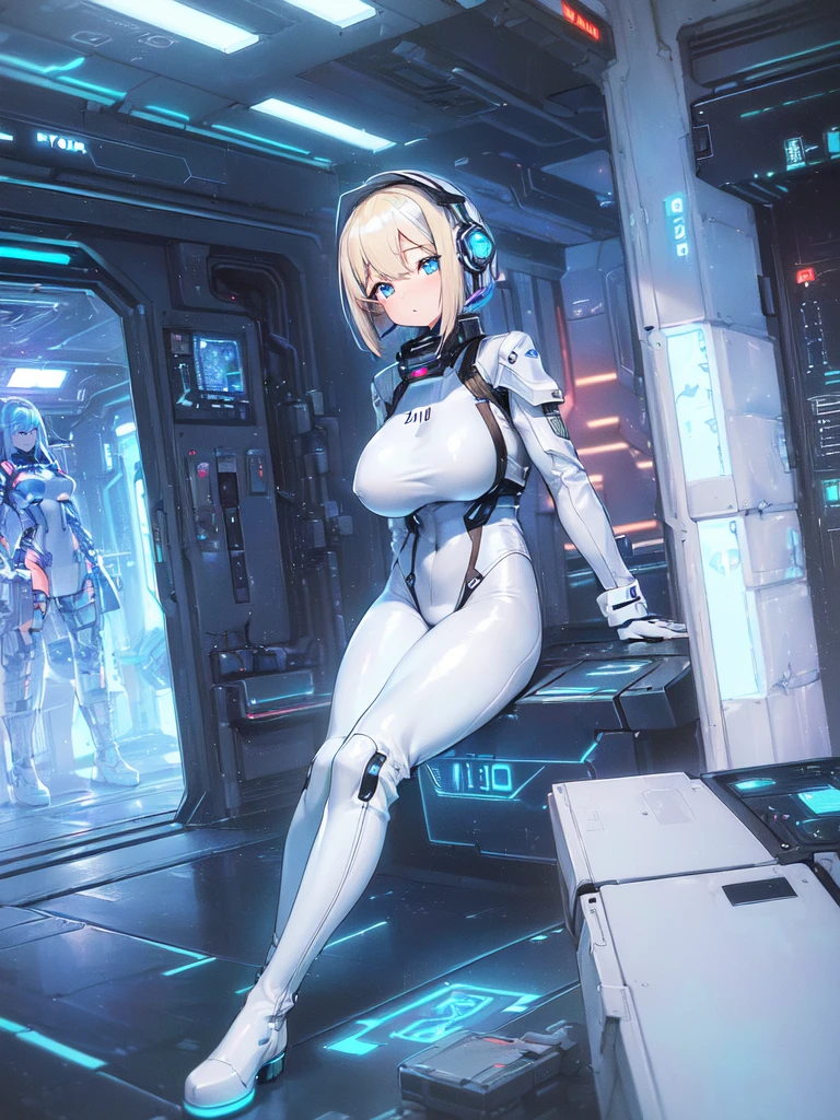 ​masterpiece:1.4, 1girl in ((20yr old, Wearing a futuristic white and silver costume, Tight Fit Bodysuit, long boots, Very gigantic-breasts, Multicolored blonde hair, a short bob, Perfect model body, Blue eyes:1.2, Wearing headphones, Looking out the window of the futuristic sci-fi space station、While admiring the beautiful galaxy:1.2, SFSF control room on night background:1.1, Neon and energetic atmosphere:1.2)) ((Galaxy))