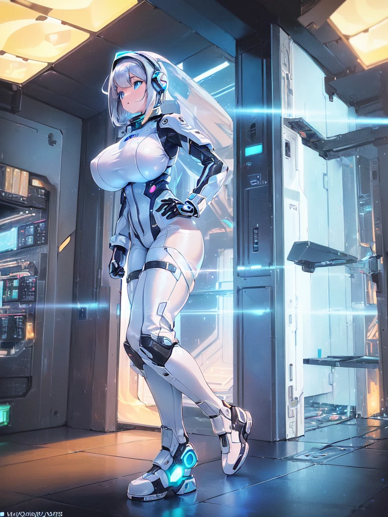 masterpiece:1.4, 1girl in ((20yr old, Wearing a futuristic white and silver costume, Tight Fit Bodysuit, long boots, Very gigantic-breasts, Multicolored blonde hair, a short bob, Perfect model body, Blue eyes:1.2, Wearing headphones, Looking out the window of the futuristic sci-fi space station、While admiring the beautiful galaxy:1.2, SFSF control room on night background:1.1, Neon and energetic atmosphere:1.2)) ((Galaxy))