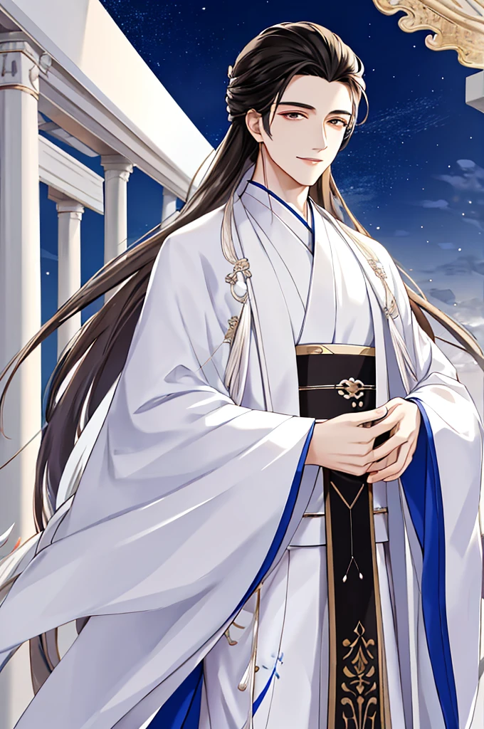 tmasterpiece，Best Picture Quality，male people，male people，white hanfu，cabelos preto e longos，long, floated hair，Wide-sleeved robe，ancient wind，Solid color clothes，The clothes do not have any patterns，Smilingly，gentlesoftlighting，water ink，Behind it  the full moon，