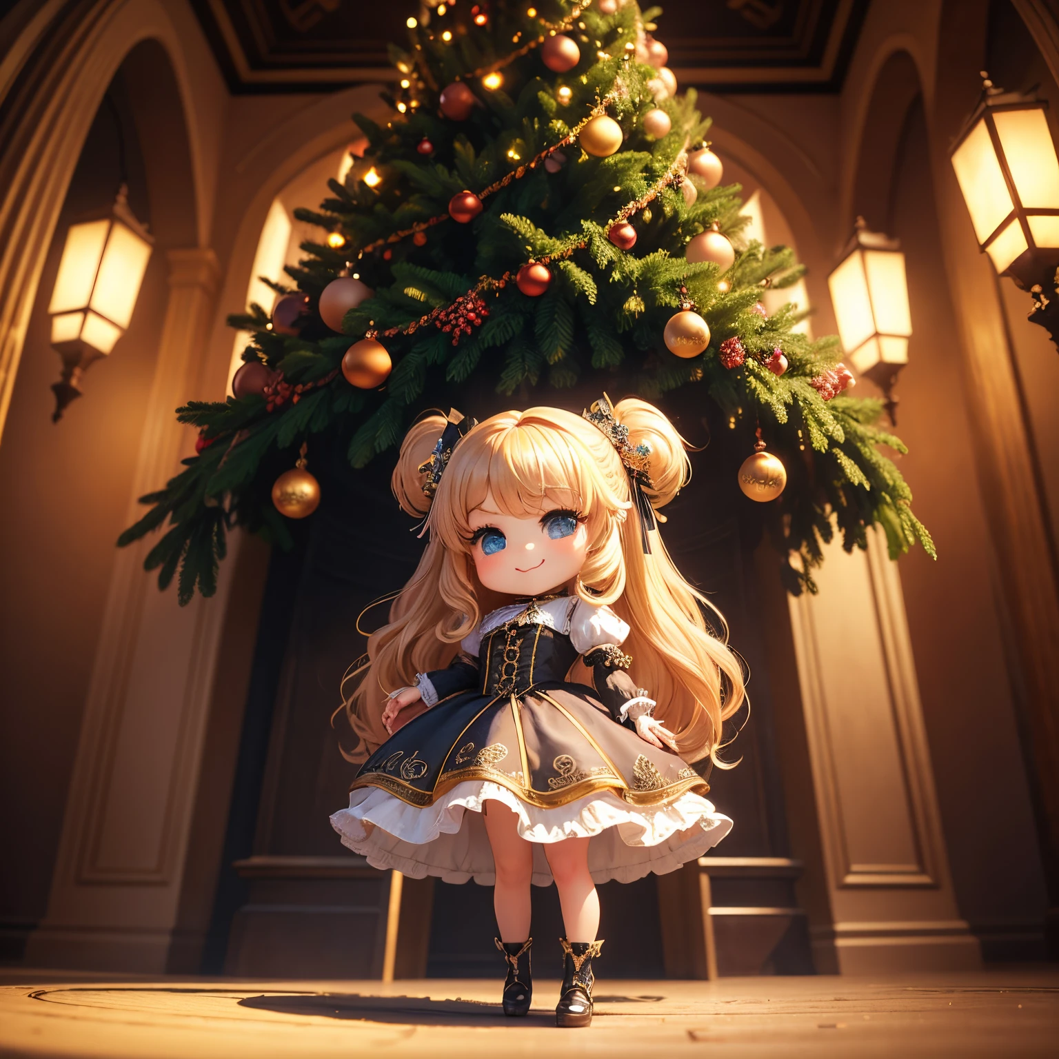 ​masterpiece、top-quality、ultra-detailliert、(Chibi Chara:1.3)、Blonde longhair、victorian rococo dress、A smile、Full-body standing figure、Huge Christmas tree with gorgeous drop lights、