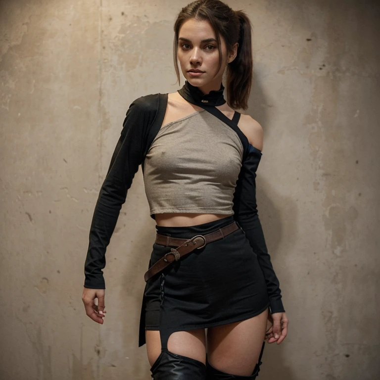 A girl with short hair and a long ponytail that reaches her waist. Her clothes are medieval tights, an old t-shirt. She wears only her right shoulder and her right arm covered with pieces of armor. Whole body. she wears high boots. Realistic comic style