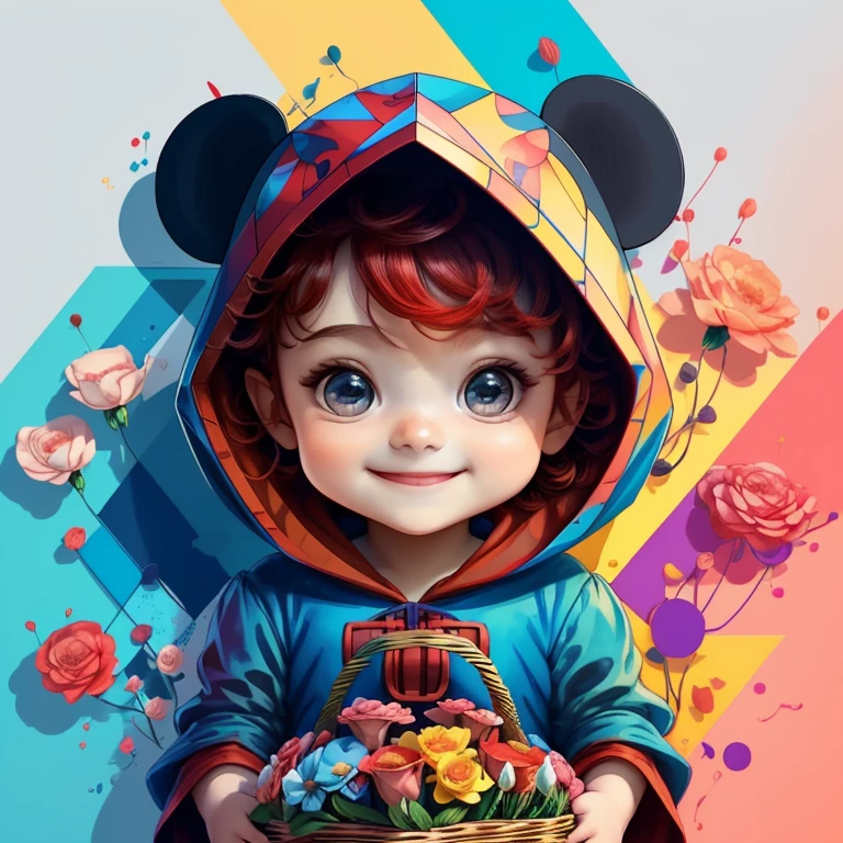 ) ((cute baby red hood smiling holding a basket of flowers) ((Mikey))  - Criador: Walt Disney2023) ), ,, ( Walt Disney acolchoamento ,multidimensional geometric wall PORTRAIT, arte, Chibi,
Yang08k, lindo, Colouring,Rose
Primary works, qualidade superior, melhor qualidade, Arte Oficial, Beautiful and Aesthetic,)) ), ,,  Walt Disney acolchoamento ,multidimensional geometric wall PORTRAIT, arte, Chibi,
Yang08k, lindo, (Colouring, rosa), amarelo ,azul ,vermelho e branco)
Primary works, qualidade superior, melhor qualidade, Arte Oficial, Beautiful and Aesthetic,