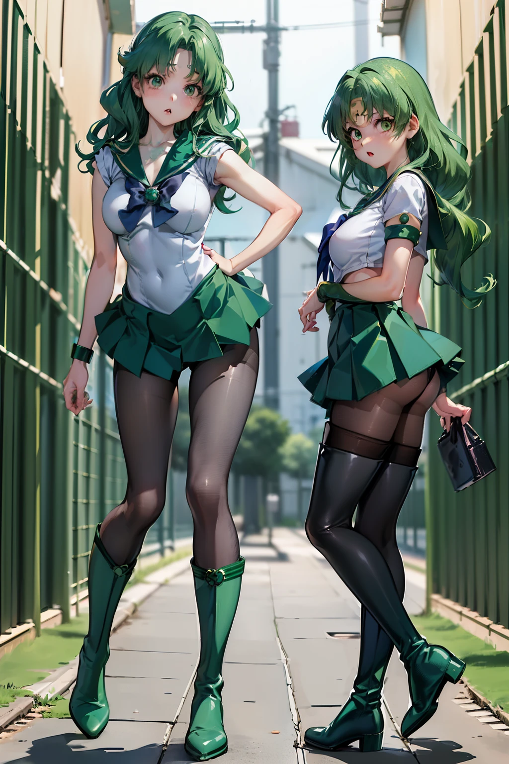 masutepiece, Best Quality, 1girl in, (Sailor Neptune),Green head hair, (Green eye:1.2),((Leotard))、((long boots))、((hose))、((Inside the prison))、length hair、poneyTail、((embarassed expression))、((Poses that emphasize breasa miniskirt))、((Inside the prison))