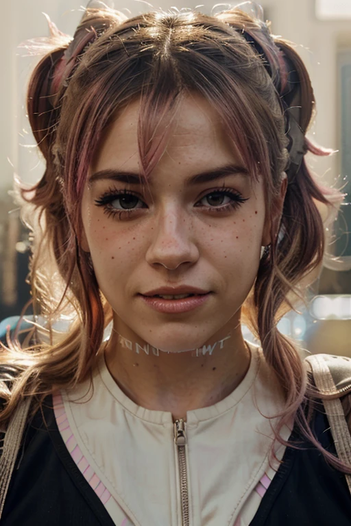 Portrait photo of a woman, (laughs: 0.7), pink ponytails hair, complex city background, backlit, (cinematic: 1.5), epic realistic, hyper detailed, crazy details, intricate details, accent lighting, light soft volumetric, bokeh, (dramatic light: 1.2), (neutral colors: 1.3), cross process