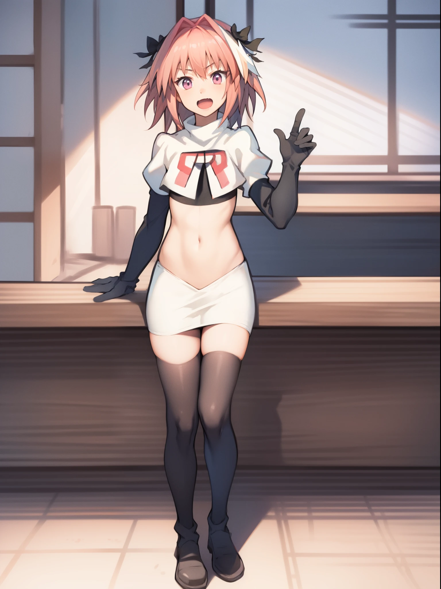 absurdres, masterpiece, best quality, (astolfo fate:1.2155), 1boy, male focus, trap, pink multicolored hair, pink hair, white hair, hair intakes, long hair, pink detailed eyes, crossdressing,1boy, team rocket,team rocket uniform, red letter R, white skirt,white crop top,black thigh-highs,black elbow gloves