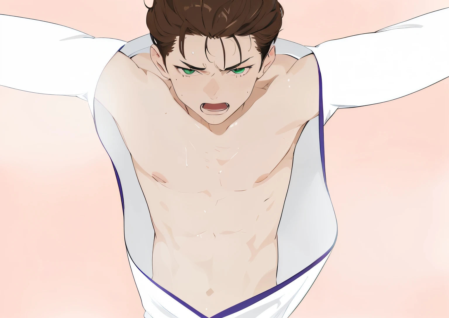 (absurdres, highres, ultra detailed, HDR), masterpiece, best quality, a boy, 25 yo, solo, handsome, twink, pale skin, skinny, smooth body, slim body, short hair, brown hair, messy hair, green eyes, real shadow, white robe, karate gi, arms outstretched, hurt, pain, sweat, wet