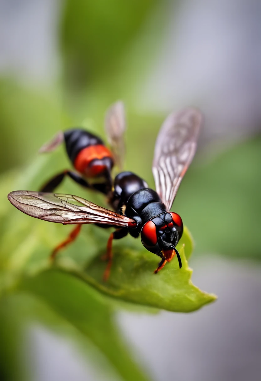 photorealistic, macro of a red and black wasp in the air, lighting in the back ground