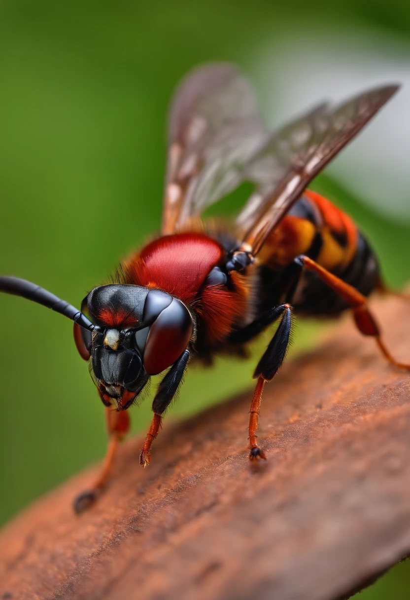 photorealistic, macro of a red and black wasp in the air, lighting in the back ground