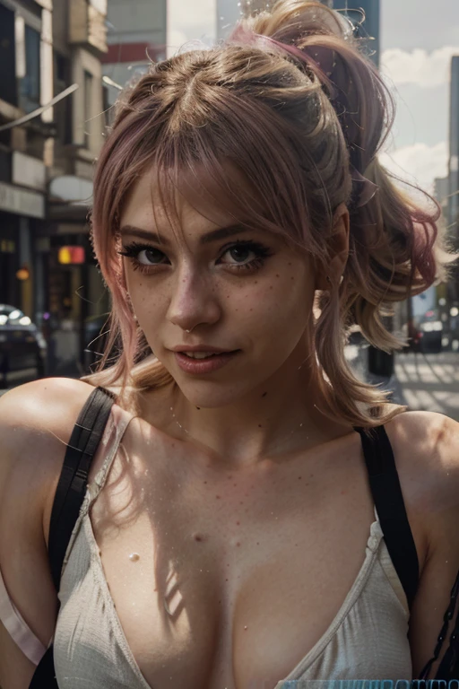 Portrait photo of a woman, (laughs: 0.7), pink ponytails hair, complex city background, backlit, (cinematic: 1.5), epic realistic, hyper detailed, crazy details, intricate details, accent lighting, light soft volumetric, bokeh, (dramatic light: 1.2), (neutral colors: 1.3), cross process