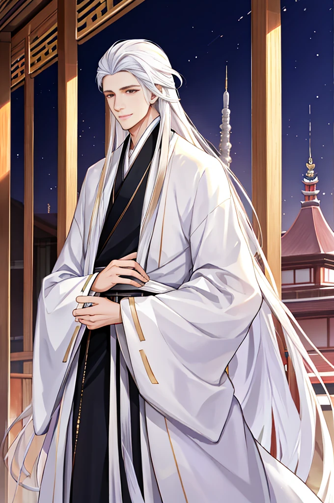 tmasterpiece,Best Picture Quality,male people,male people,white hanfu,cabelos preto e longos,long, floated hair,Wide-sleeved robe,ancient wind,Solid color clothes,The clothes do not have any patterns,Smilingly,gentlesoftlighting,water ink,The background Asian architecture