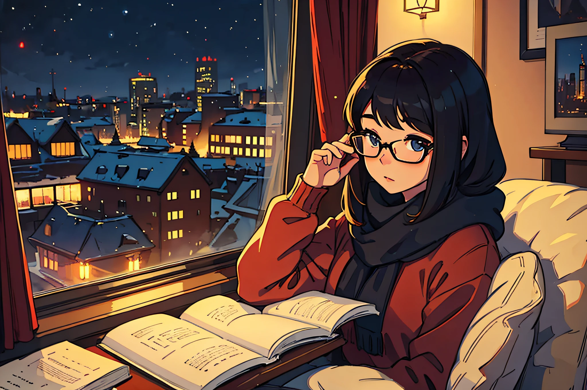 masterpiece, best quality, beautiful girl with large glasses, cozy outfit, sitting at home desk studying, city outside window, Christmas night outside, Kuvshinov Ilya