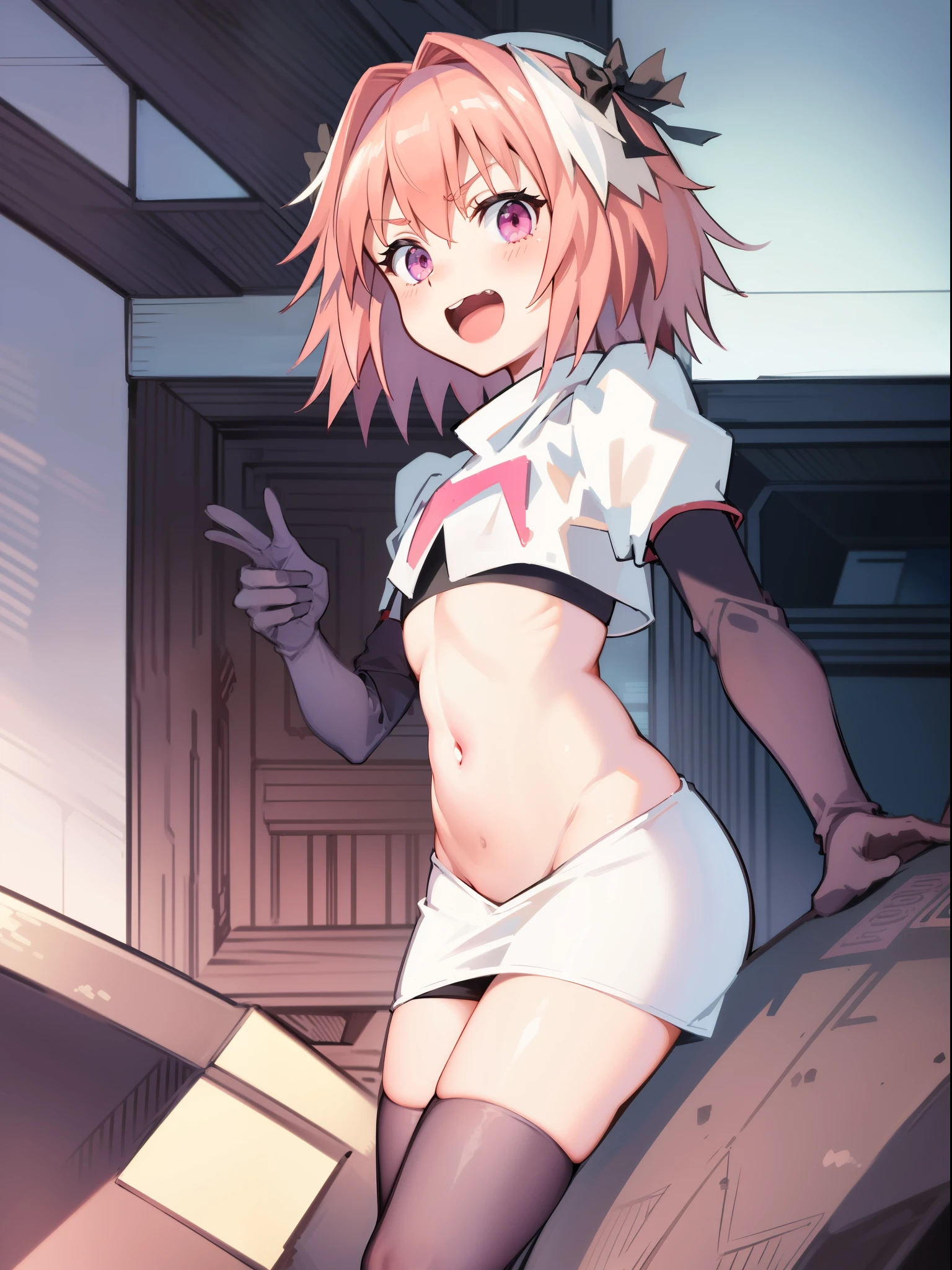 absurdres, masterpiece, best quality, (astolfo fate:1.2155), 1boy, male focus, trap, pink multicolored hair, pink hair, white hair, hair intakes, long hair, pink detailed eyes, crossdressing,1boy, team rocket,team rocket uniform, red letter R, white skirt,white crop top,black thigh-highs,black elbow gloves