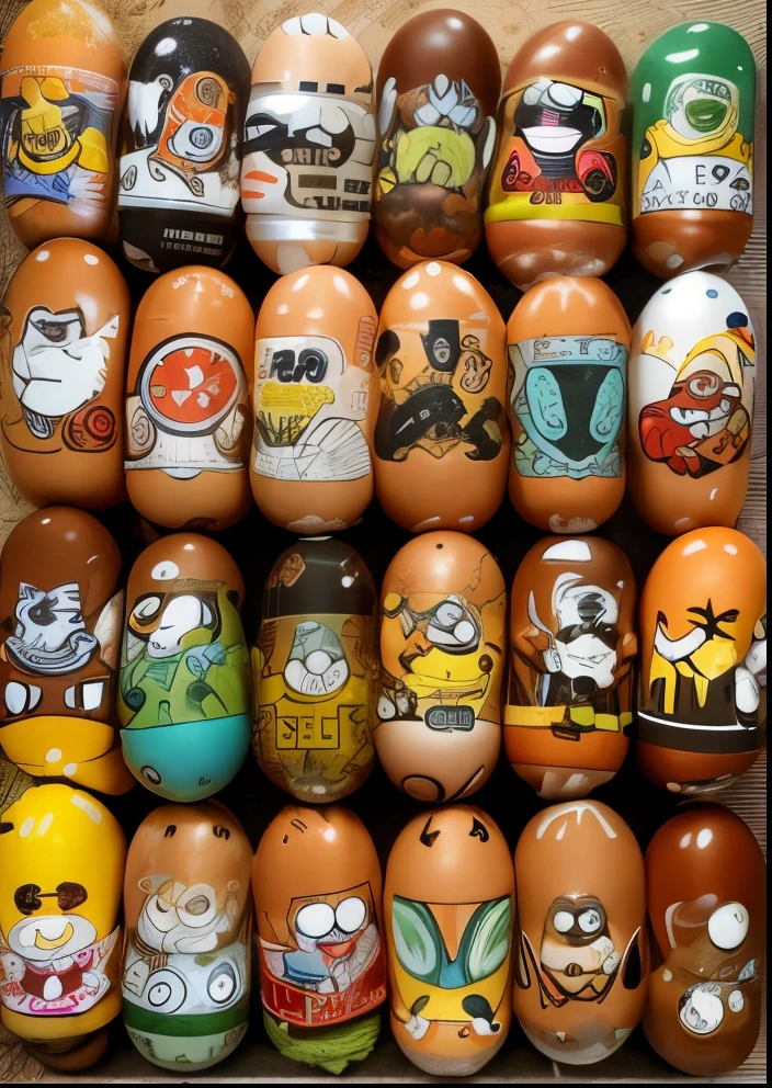 a close up of a bunch of eggs with cartoon characters on them, hand grenades, biopunk toys made in china, hgrenades, art toys, garbage pail kids style, alien capsules, bombs, huge!!!, many cryogenic pods, pog, :10 gas grenades, beakers, matrioshka brain, knick knacks