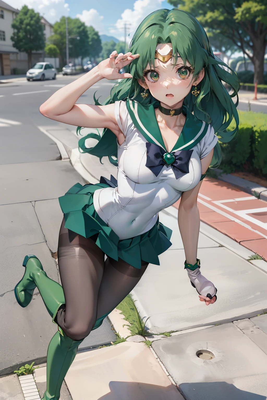 masutepiece, Best Quality, 1girl in, (Sailor Neptune),Green head hair, (Green eye:1.2),((Leotard))、((long boots))、((pantyhose))、((Concrete ground))、length hair、poneyTail、((embarassed expression))、((Poses that emphasize breasts))、((a miniskirt))、((threshold))