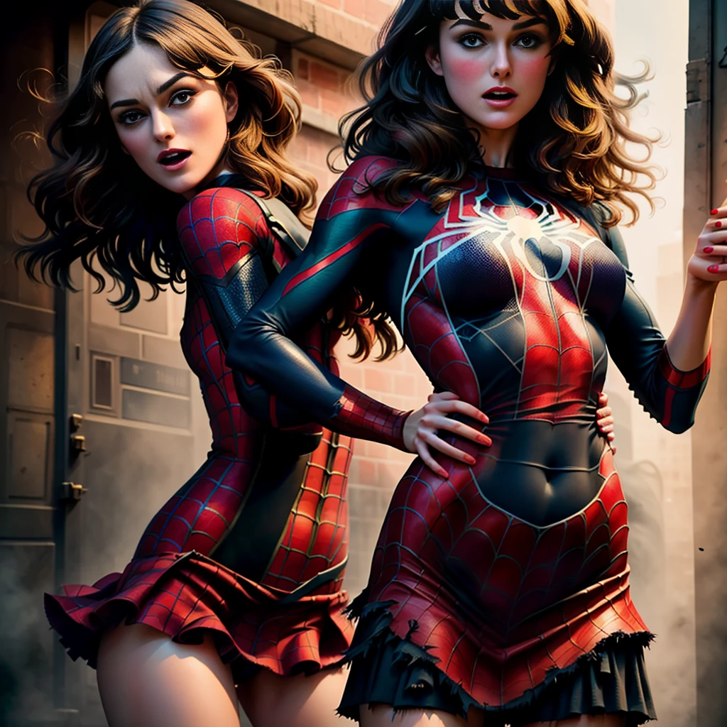 keira knightley、Sticking out the navel、newyork、She wears a torn Spider-Man suit,wearing skirt、 Red and black color scheme,Dynamic、masterpiece、top-quality、ultra-detailliert、ighly detailed、beautiful detailed brilliance、超A high resolution