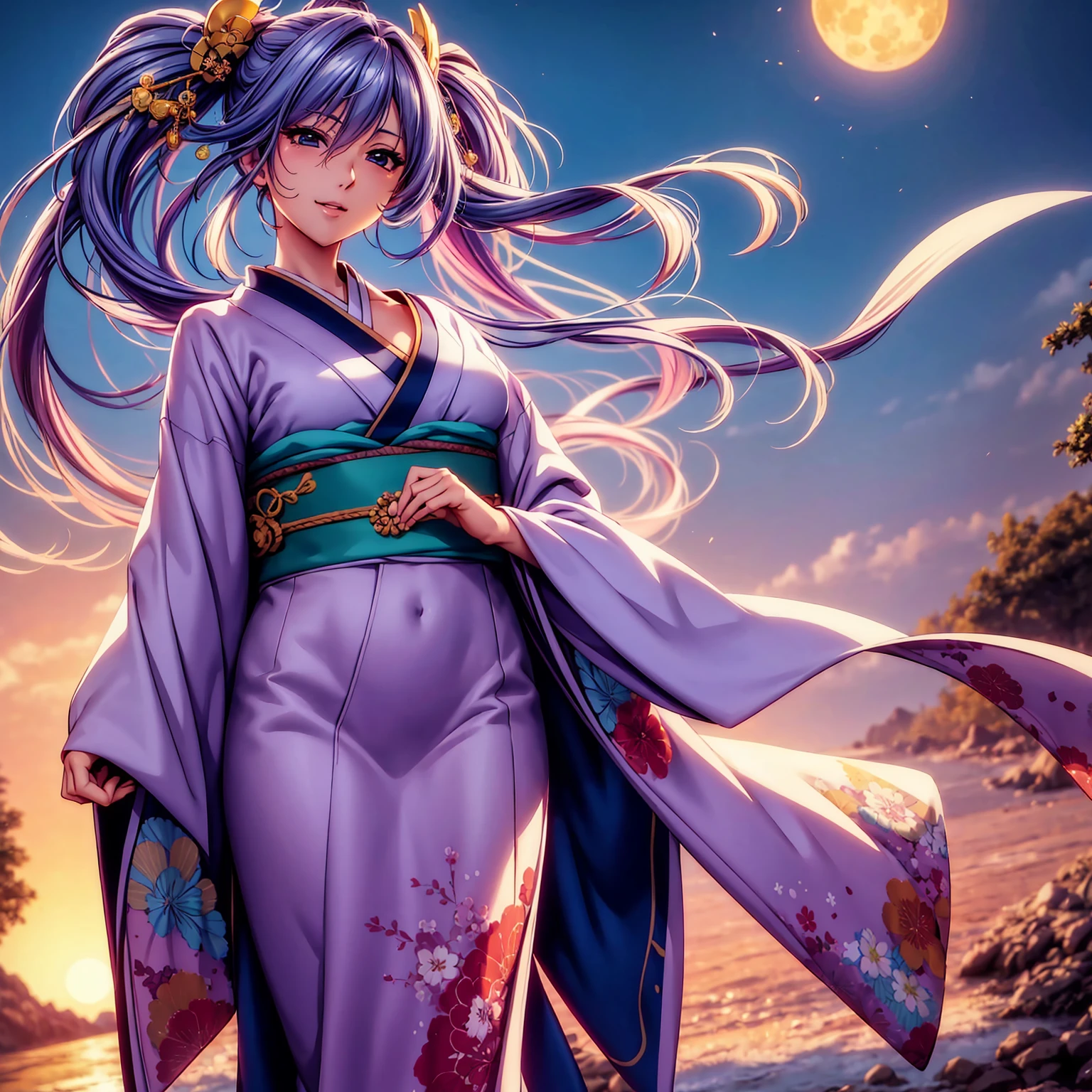 top-quality、​masterpiece、very high res、超A high resolution,High resolution details 1.5)、(A woman of perfect and ultimate beauty)(24 years old 1.5)、(Beautiful breasts and figure 1.5)、Beautiful body、美丽的面容、large pink,Farbe々Hairstyles,Wide variety of hairstyles,colorful and beautiful hair color、Japan hair ornament,realistic textured skin,Wearing a beautiful Japanese furisode,Kimono has colors and patterns..,Kimono sleeves and obi are long,Arms outstretched,Exposed shoulders from kimono,I can see the cleavage,Bright smile,Mouth opens,Hair flutters under the influence of the wind,The sleeves and obi of the kimono flutter in the wind.、that is a mysterious place,Fantastic night sky and beautiful full moon,Lantern light,Beautiful Landscapes、(The whole body,thigh visible,accurate anatomy、extremely detailed picture、Accurate images、Perfect Image 1.5)、、beautiful anime woman, Beautiful Art Style, an animated character、The whole picture、Detailed picture、Defect-free images、natural soft light、beautiful image、、(Best Shot 1.2)
