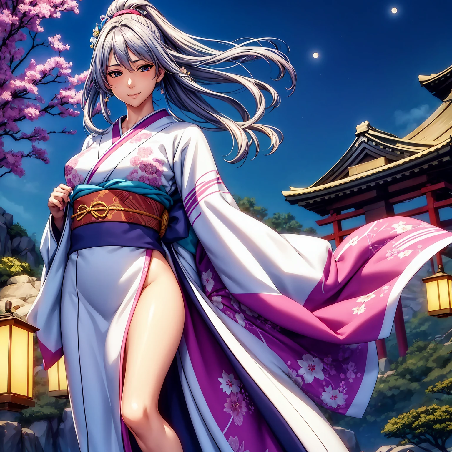 top-quality、masterpiece、very high res、超A high resolution,High resolution details 1.5)、(A woman of perfect and ultimate beauty)(24 years old 1.5)、(Beautiful breasts and figure 1.5)、Beautiful body、美丽的面容、large pink,Farbe々Hairstyles,Wide variety of hairstyles,colorful and beautiful hair color、Japan hair ornament,realistic textured skin,Wearing a beautiful Japanese furisode,Kimono has colors and patterns..,Kimono sleeves and obi are long,Arms outstretched,Exposed shoulders from kimono,I can see the cleavage,Bright smile,Mouth opens,Hair flutters under the influence of the wind,The sleeves and obi of the kimono flutter in the wind.、that is a mysterious place,Fantastic night sky and beautiful full moon,Lantern light,Beautiful Landscapes、(The whole body,thigh visible,accurate anatomy、extremely detailed picture、Accurate images、Perfect Image 1.5)、、beautiful anime woman, Beautiful Art Style, an animated character、The whole picture、Detailed picture、Defect-free images、natural soft light、beautiful image、、(Best Shot 1.2)