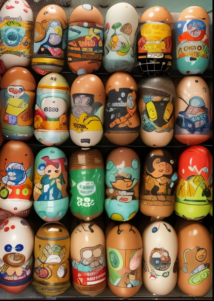a close up of a bunch of eggs with cartoon characters on them, hand grenades, biopunk toys made in china, hgrenades, art toys, garbage pail kids style, alien capsules, bombs, huge!!!, many cryogenic pods, pog, :10 gas grenades, beakers, matrioshka brain, knick knacks