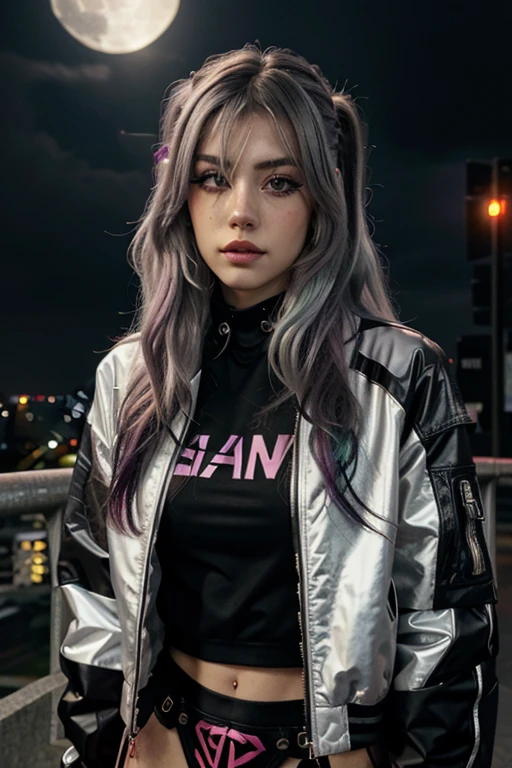 Lucy \(cyberpunk\), 1 woman, hair tie, hime cut, silver hair, colored tips, full moon, gray eyes, jacket, long sleeves, looking at viewer, medium hair, multicolored hair, parted lips, hair pink, portrait, red eyeliner, red lips, alone, white jacket, cyberpunk \(series\), rainy night in a cyberpunk city with bright neon lights