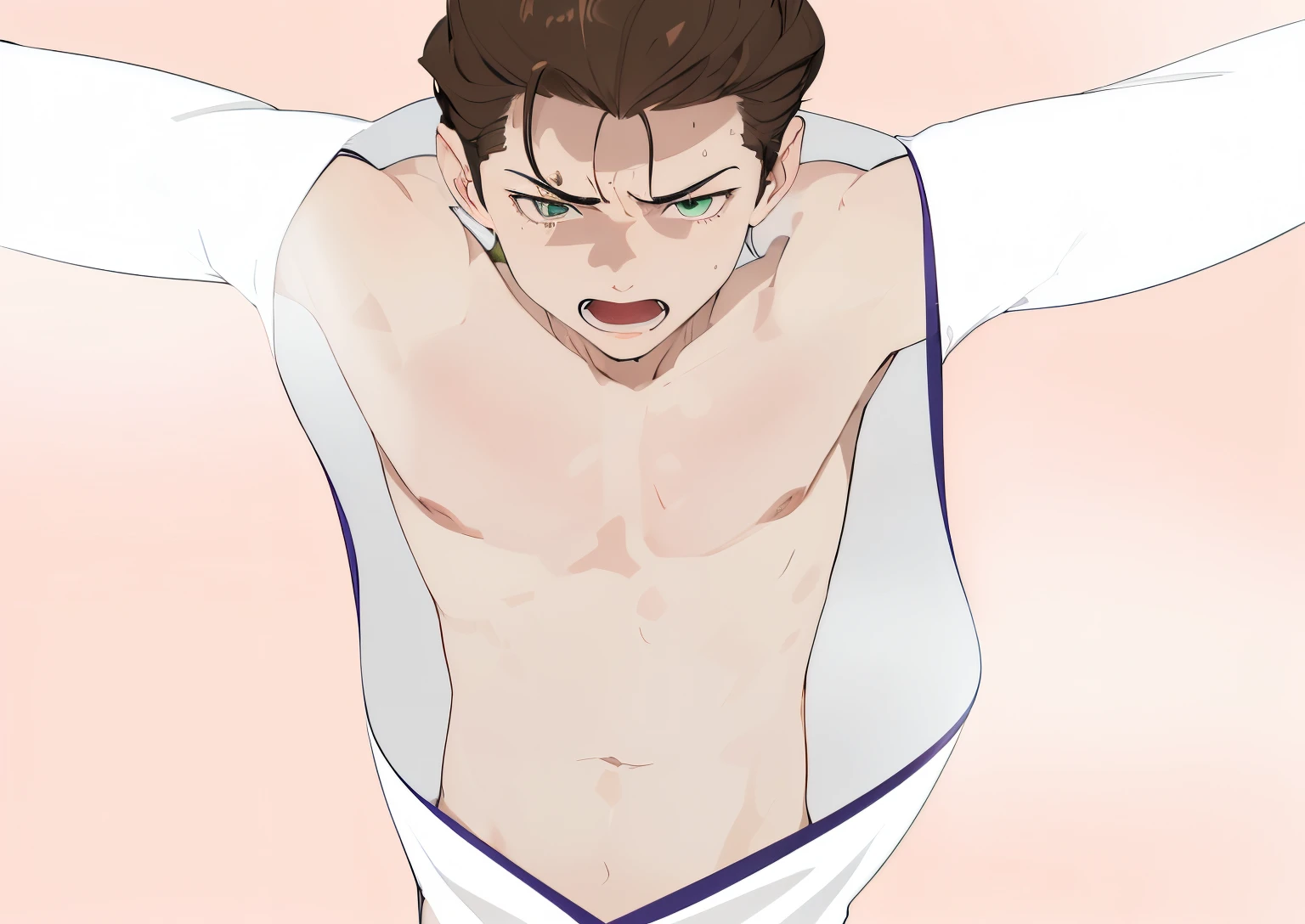 (absurdres, highres, ultra detailed, HDR), masterpiece, best quality, a boy, 25 yo, solo, handsome, twink, pale skin, skinny, smooth body, slim body, short hair, brown hair, messy hair, green eyes, real shadow, white robe, karate gi, arms outstretched, hurt, pain, sweat, wet